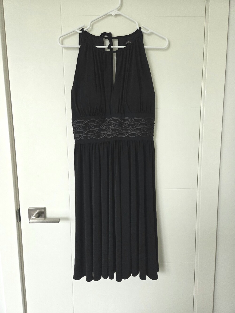 Black Midi Dress with Embroidered Waist And A-line Skirt